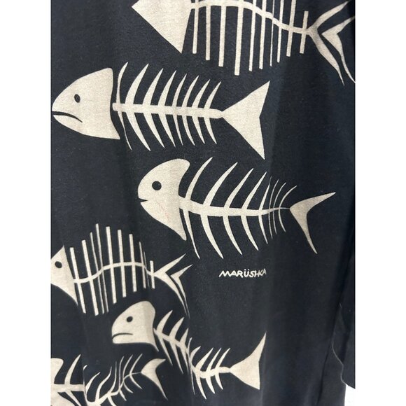 Marushka Fishbone Graphic Tee Black V-Neck 3/4 Sleeve Hand Painted Essentials - Picture 4 of 11